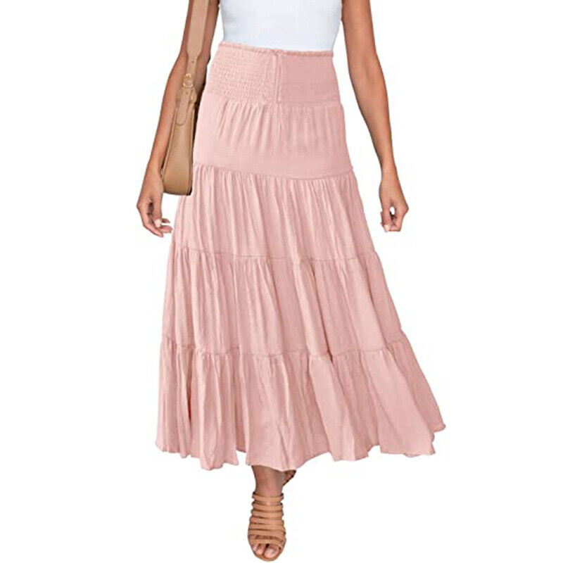 Women Pleated Ruffle Skirts Ladies Boho Loose High Waist Midi Skirt Casual Dress - Picture 22 of 24