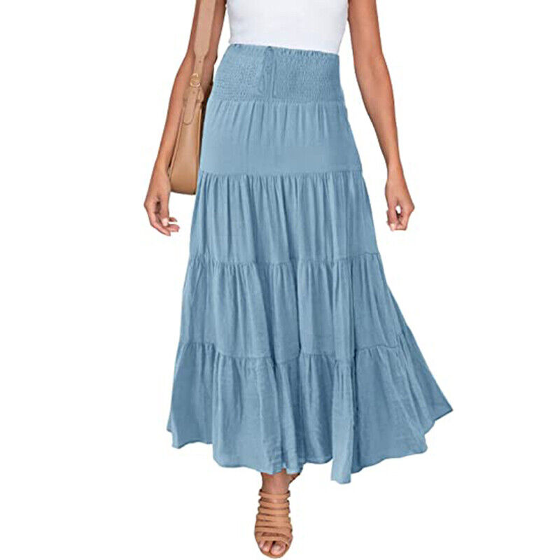 Women Pleated Ruffle Skirts Ladies Boho Loose High Waist Midi Skirt Casual Dress - Picture 20 of 24