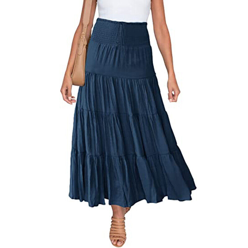Women Pleated Ruffle Skirts Ladies Boho Loose High Waist Midi Skirt Casual Dress - Picture 23 of 24