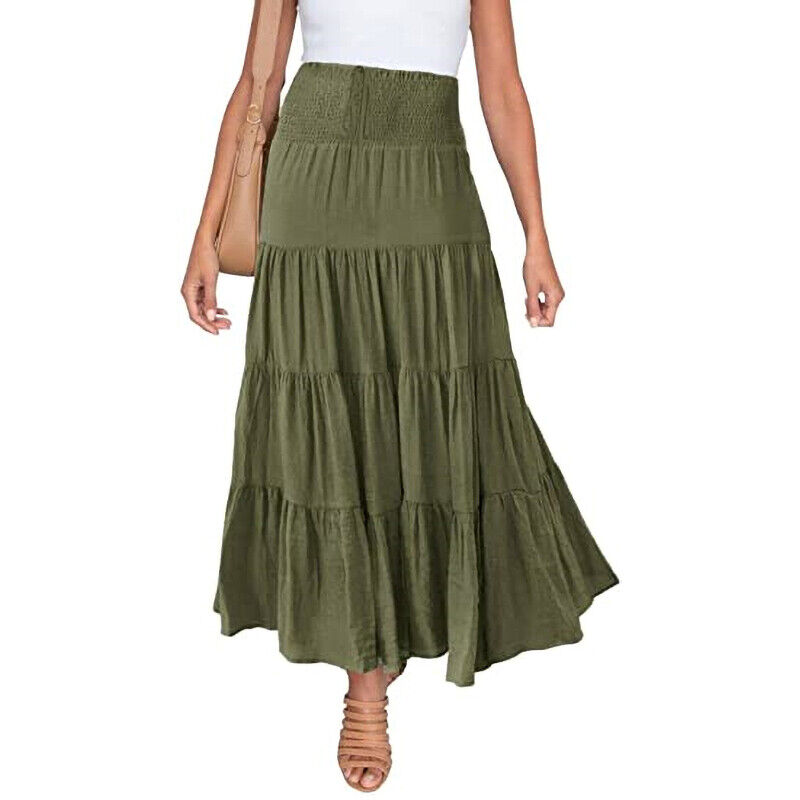 Women Pleated Ruffle Skirts Ladies Boho Loose High Waist Midi Skirt Casual Dress - Picture 18 of 24