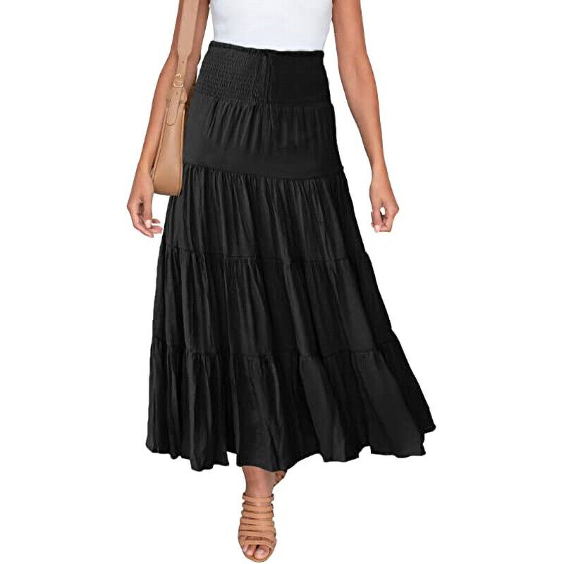 Women Pleated Ruffle Skirts Ladies Boho Loose High Waist Midi Skirt Casual Dress - Picture 24 of 24