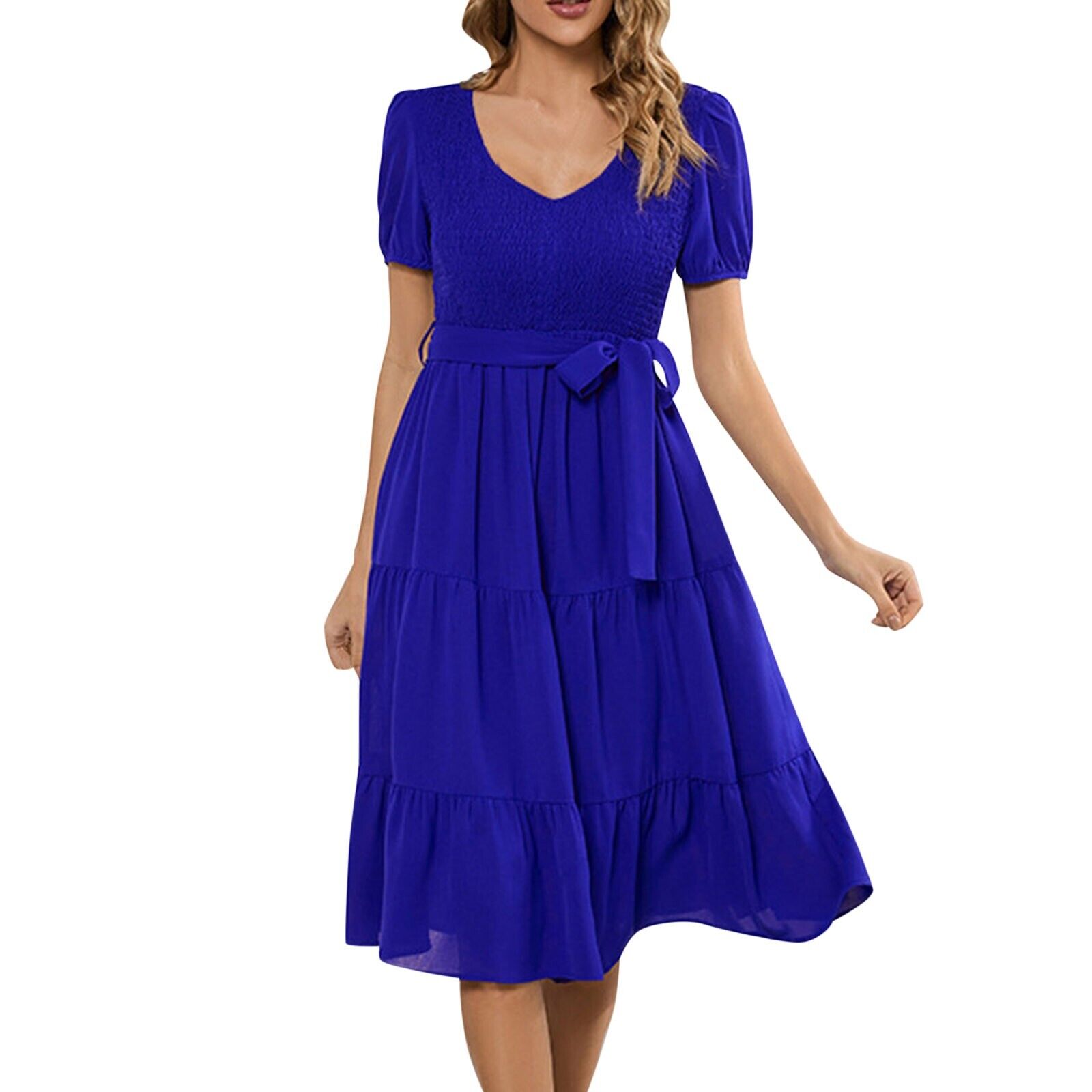 Women Casual Summer Flutter Short Sleeve V Neck Smocked Elastic Waist Midi Dress - Picture 25 of 38