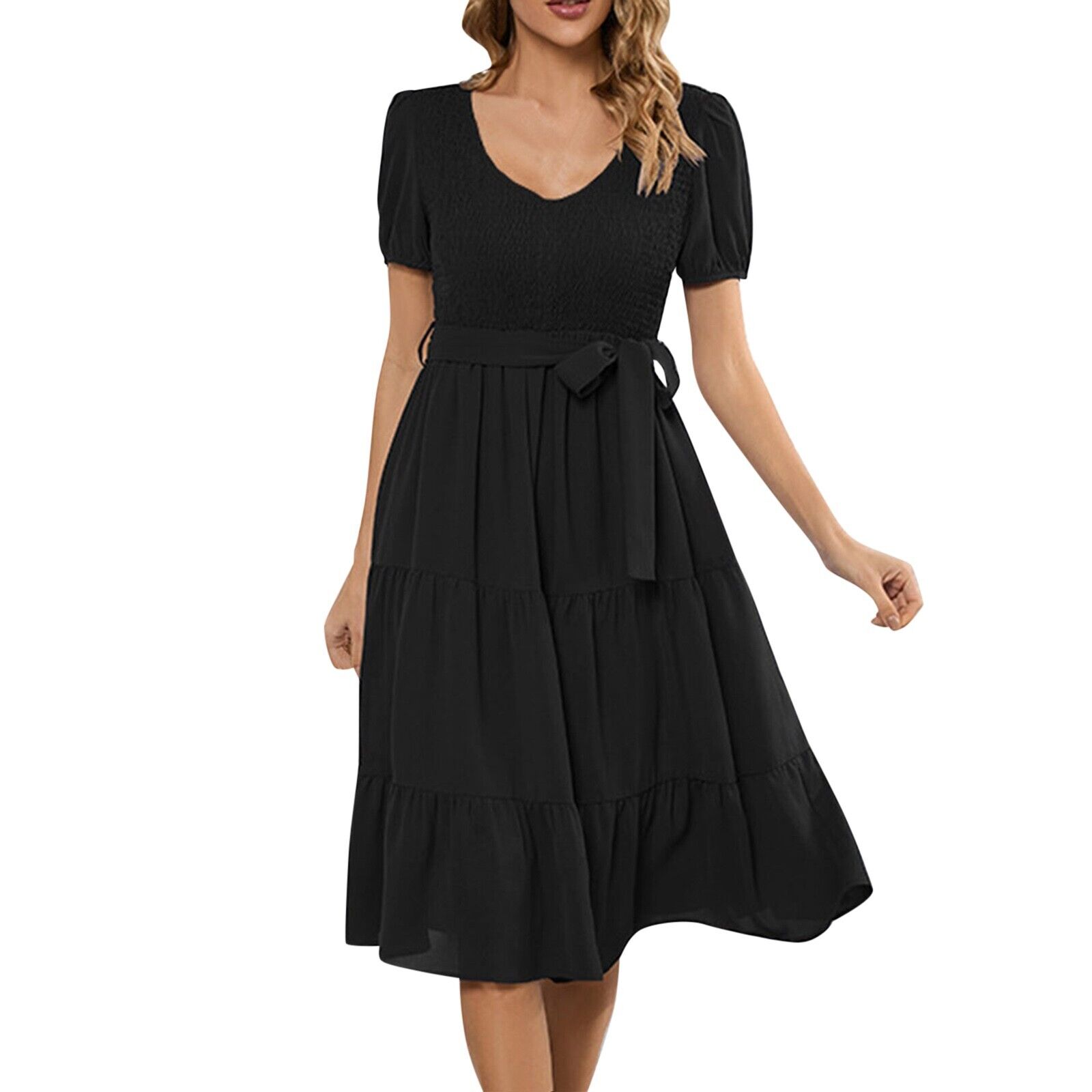 Women Casual Summer Flutter Short Sleeve V Neck Smocked Elastic Waist Midi Dress - Picture 28 of 38