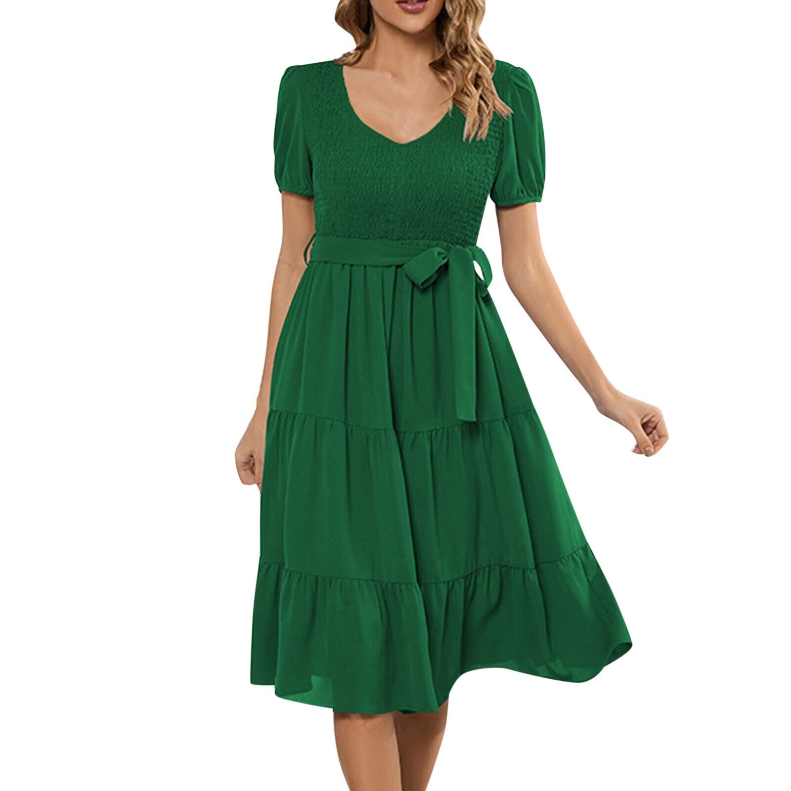 Women Casual Summer Flutter Short Sleeve V Neck Smocked Elastic Waist Midi Dress - Picture 31 of 38