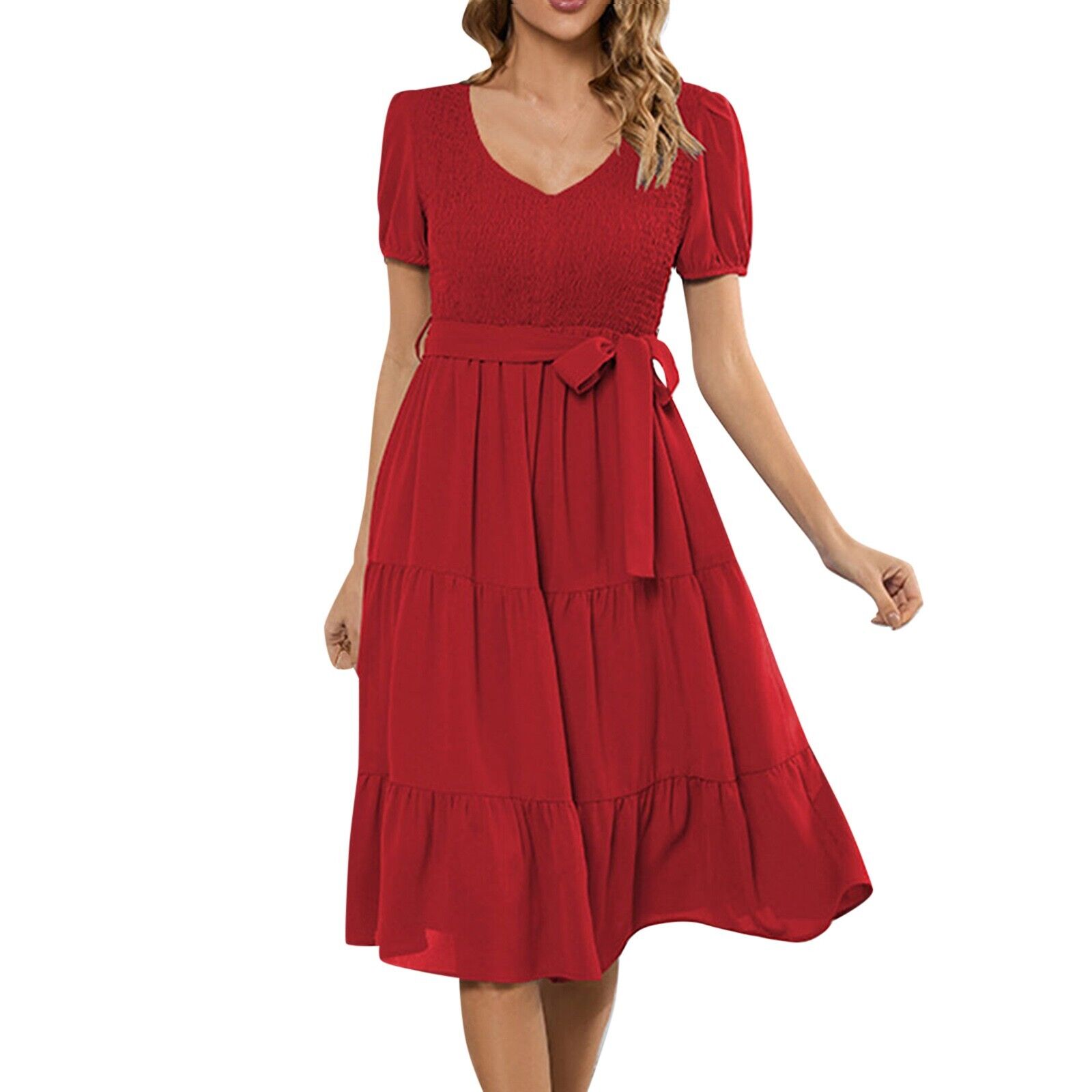 Women Casual Summer Flutter Short Sleeve V Neck Smocked Elastic Waist Midi Dress - Picture 34 of 38