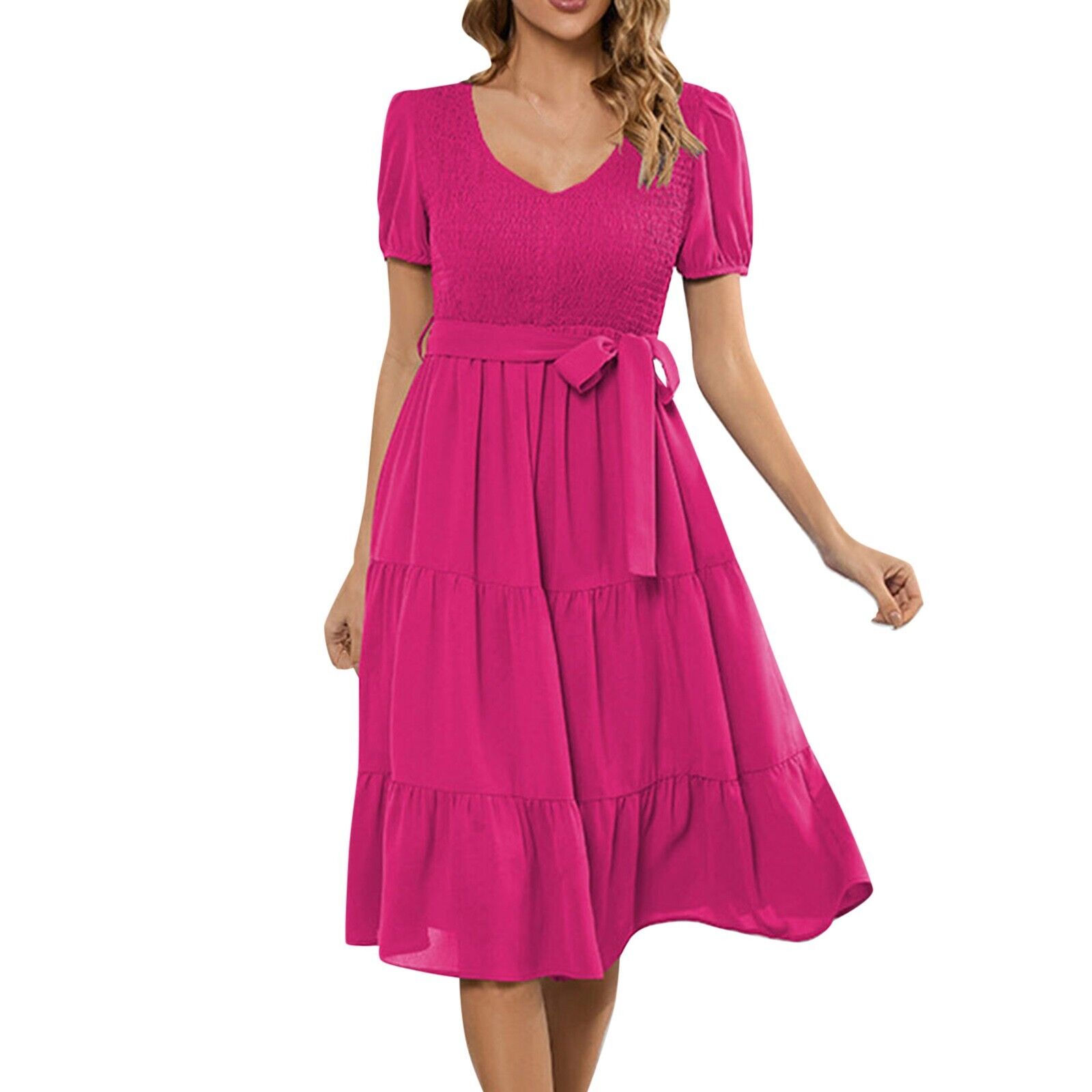 Women Casual Summer Flutter Short Sleeve V Neck Smocked Elastic Waist Midi Dress - Picture 37 of 38