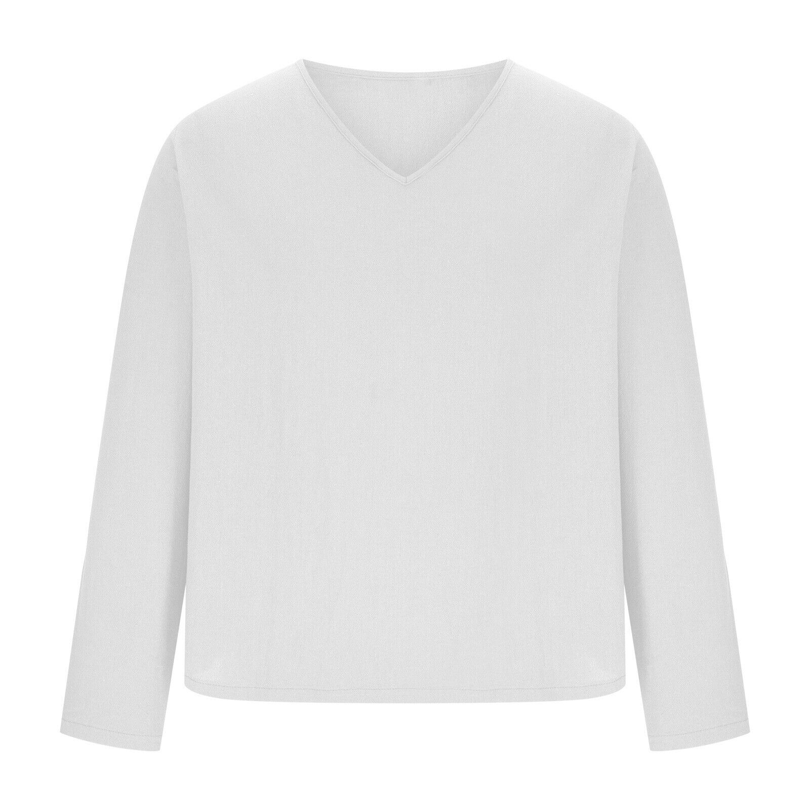 Hombres Suave Algodón Lino Cuello en V Informal Camisa Top Manga Larga Pullover Blusa Camiseta - Imagen 18 de 23