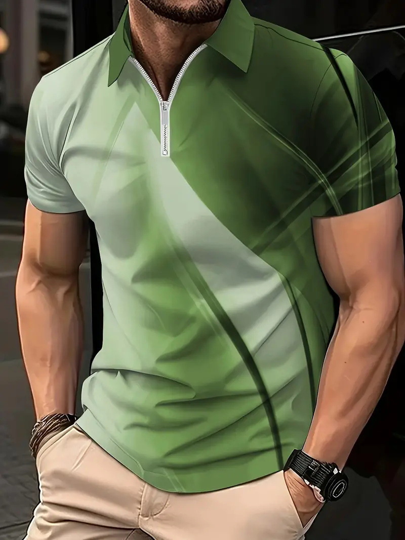 Men's 3D Printed Sports Short Sleeved Shirt Summer Casual Lapel Zipper T-shirt