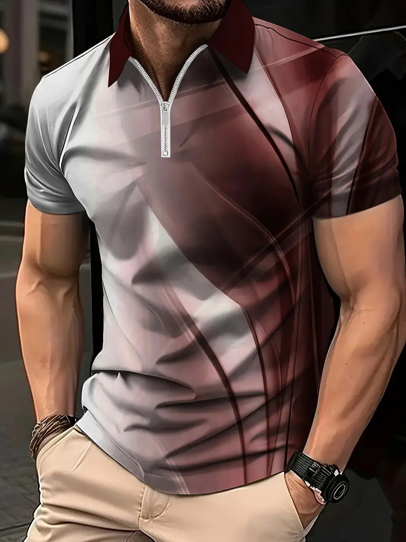 Men's 3D Printed Sports Short Sleeved Shirt Summer Casual Lapel Zipper T-shirt