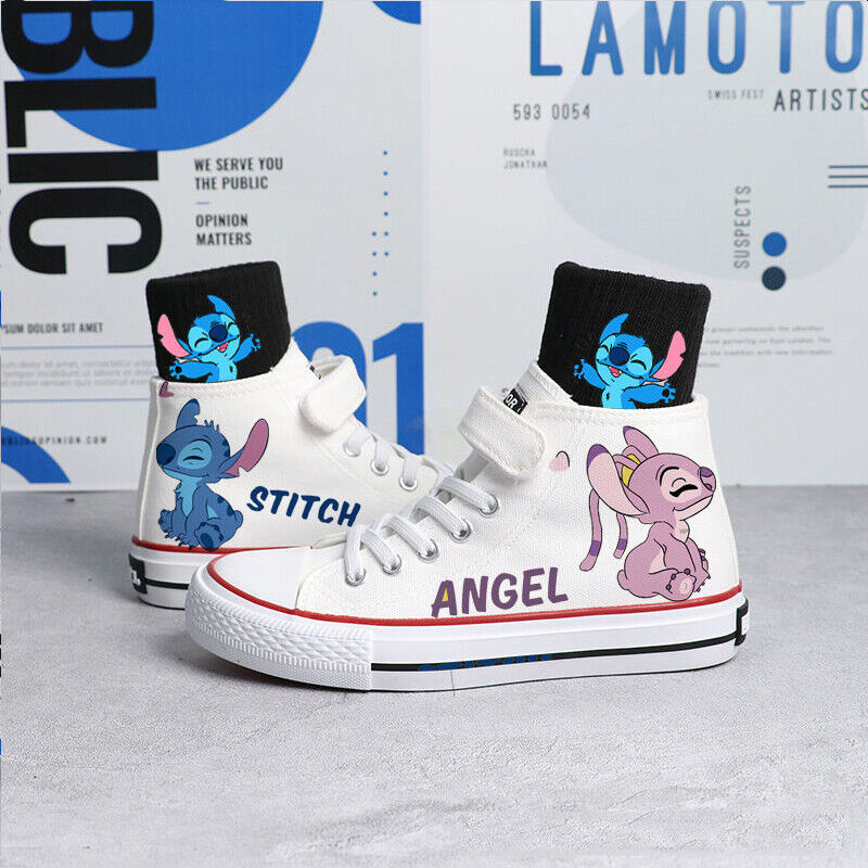 Kids Boys Girls Stitch Canvas Trainers Shoes Low High Top Lace Up Casual Sneaker - Picture 23 of 33
