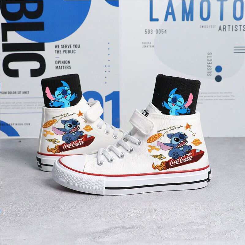Kids Boys Girls Stitch Canvas Trainers Shoes Low High Top Lace Up Casual Sneaker - Picture 29 of 33