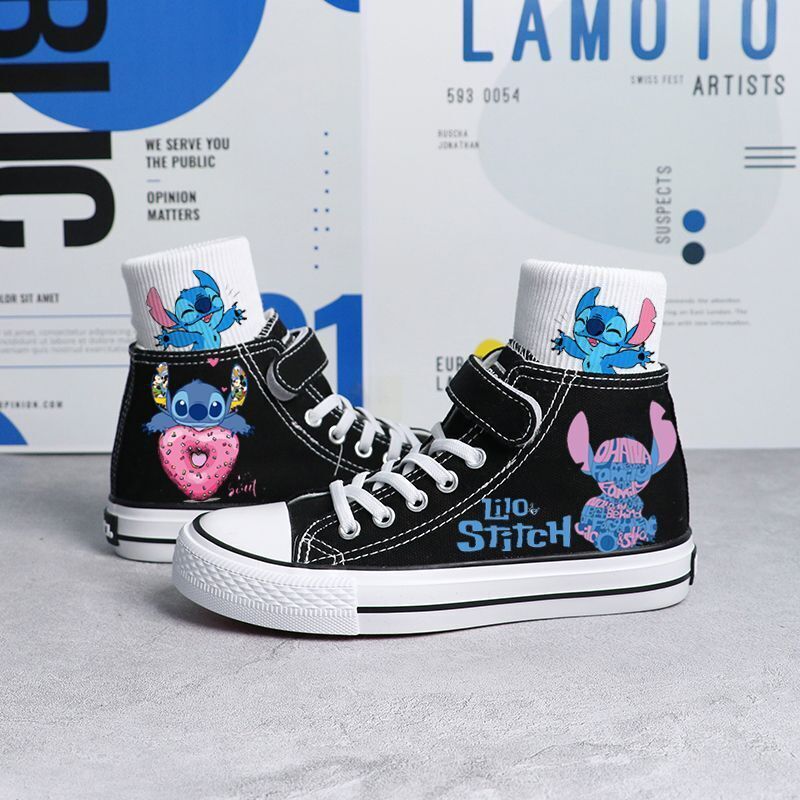 Kids Boys Girls Stitch Canvas Trainers Shoes Low High Top Lace Up Casual Sneaker - Picture 25 of 33