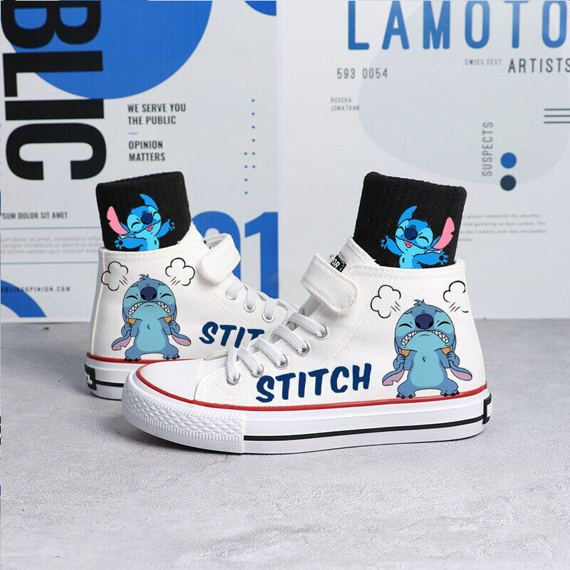 Kids Boys Girls Stitch Canvas Trainers Shoes Low High Top Lace Up Casual Sneaker - Picture 32 of 33