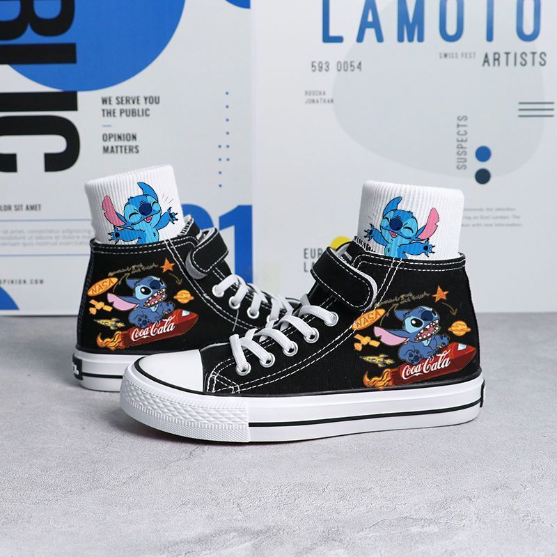 Kids Boys Girls Stitch Canvas Trainers Shoes Low High Top Lace Up Casual Sneaker - Picture 21 of 33
