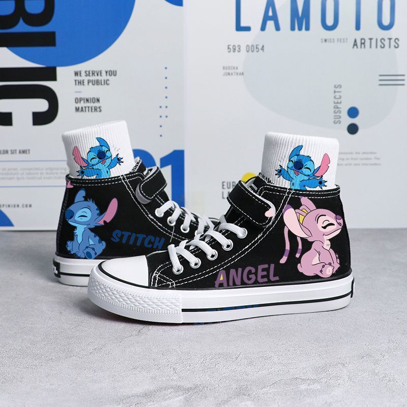 Kids Boys Girls Stitch Canvas Trainers Shoes Low High Top Lace Up Casual Sneaker - Picture 22 of 33