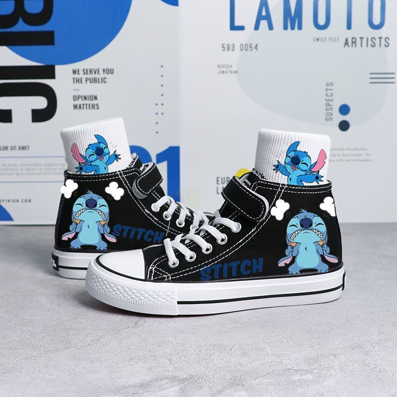 Kids Boys Girls Stitch Canvas Trainers Shoes Low High Top Lace Up Casual Sneaker - Picture 31 of 33