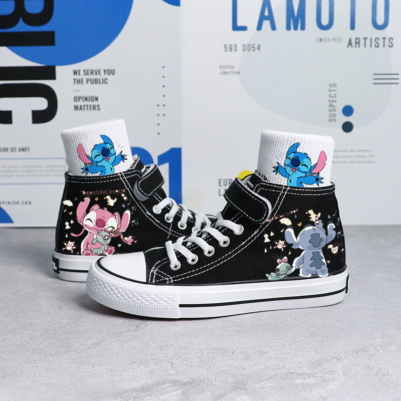 Kids Boys Girls Stitch Canvas Trainers Shoes Low High Top Lace Up Casual Sneaker - Picture 30 of 33