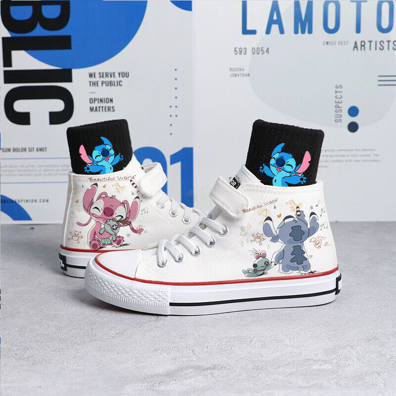 Kids Boys Girls Stitch Canvas Trainers Shoes Low High Top Lace Up Casual Sneaker - Picture 24 of 33
