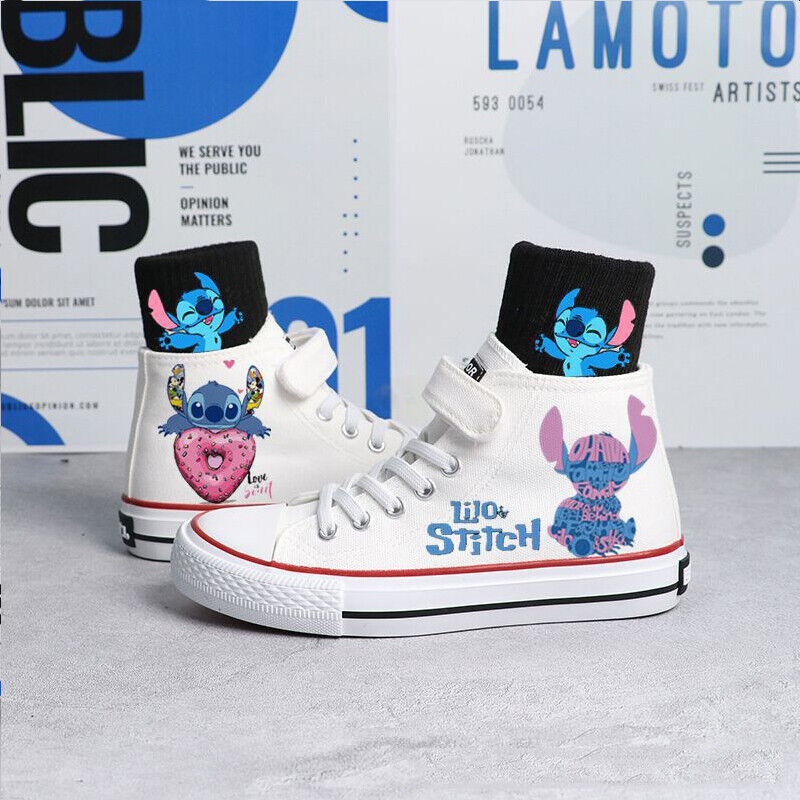 Kids Boys Girls Stitch Canvas Trainers Shoes Low High Top Lace Up Casual Sneaker - Picture 26 of 33