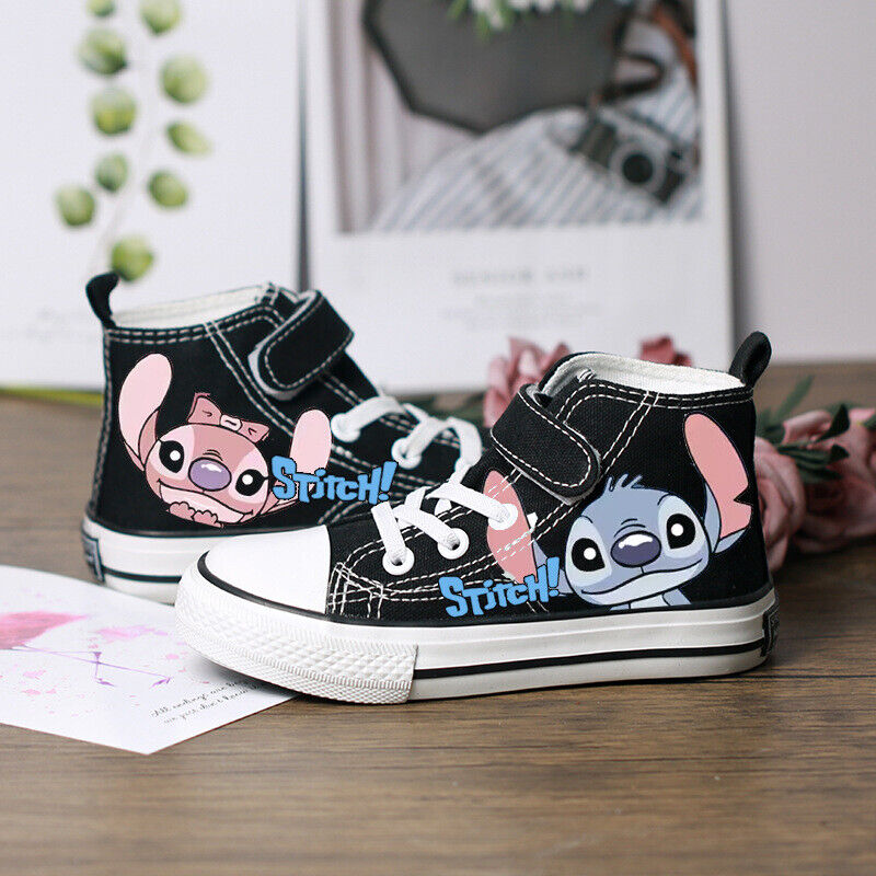 Kids Boys Girls Stitch Canvas Trainers Shoes Low High Top Lace Up Casual Sneaker - Picture 19 of 33