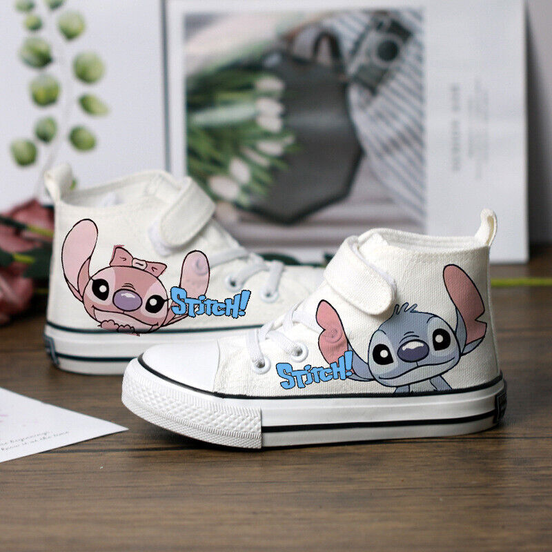 Kids Boys Girls Stitch Canvas Trainers Shoes Low High Top Lace Up Casual Sneaker - Picture 20 of 33