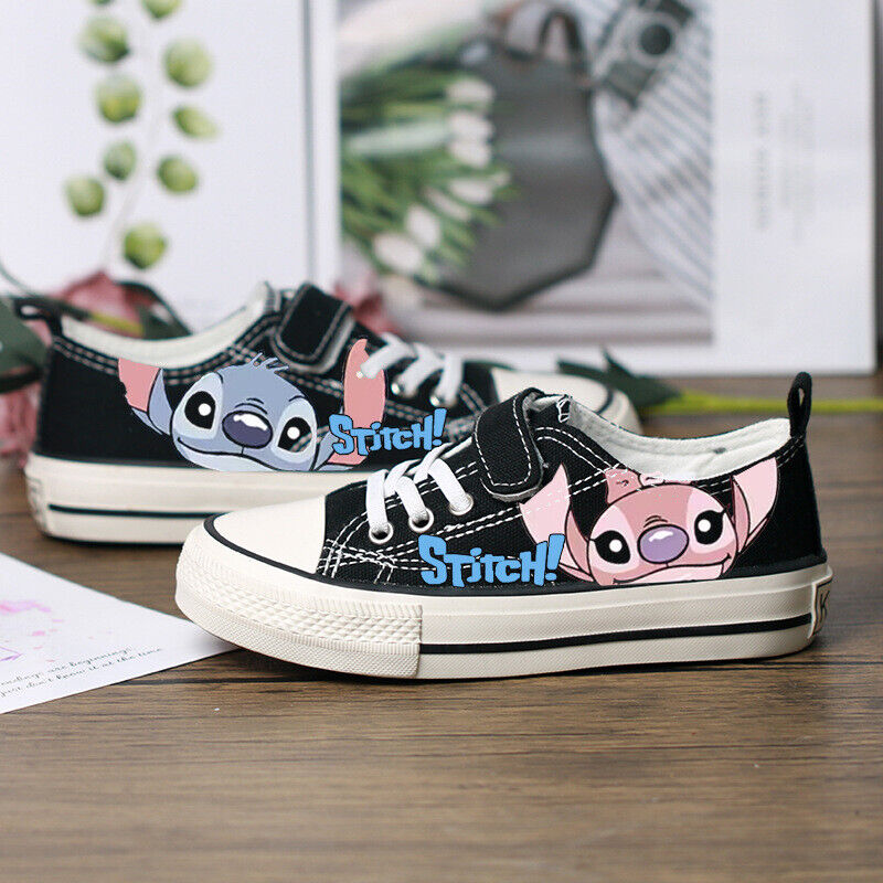 Kids Boys Girls Stitch Canvas Trainers Shoes Low High Top Lace Up Casual Sneaker - Picture 27 of 33