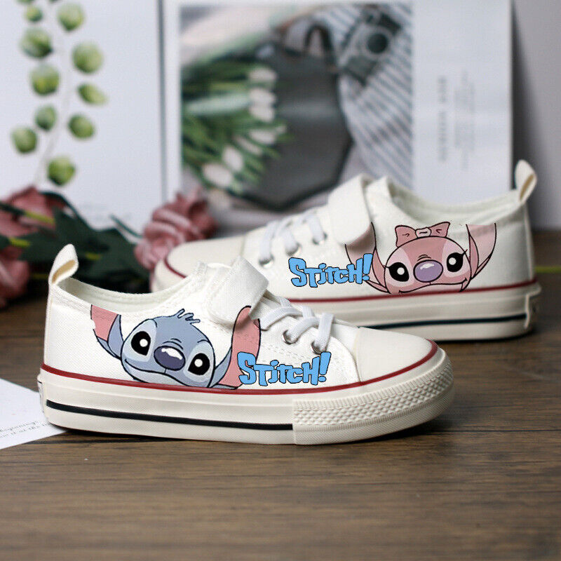 Kids Boys Girls Stitch Canvas Trainers Shoes Low High Top Lace Up Casual Sneaker - Picture 28 of 33