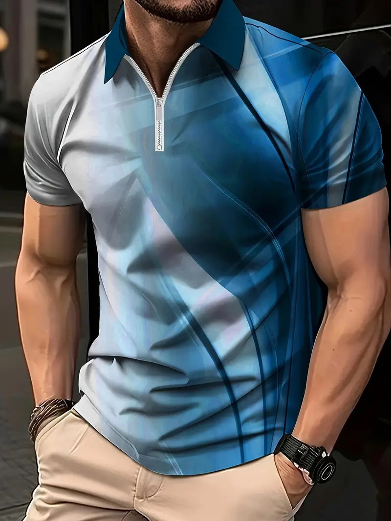 Men's 3D Printed Sports Short Sleeved Shirt Summer Casual Lapel Zipper T-shirt