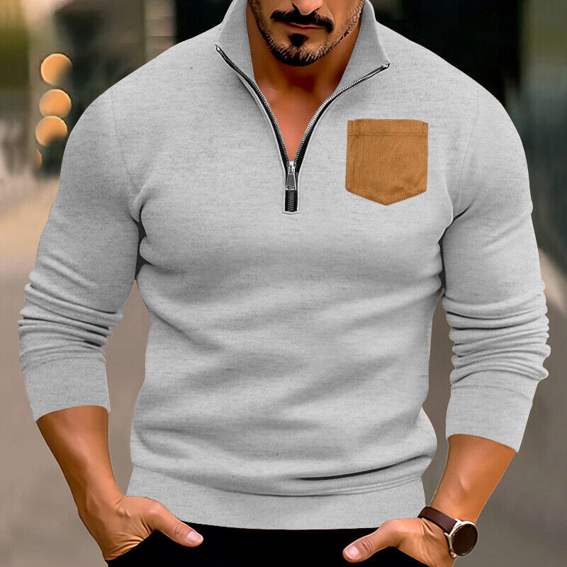Men's Half Zip Stand Collar New Casual Shirt Pocket Thick Hoodie