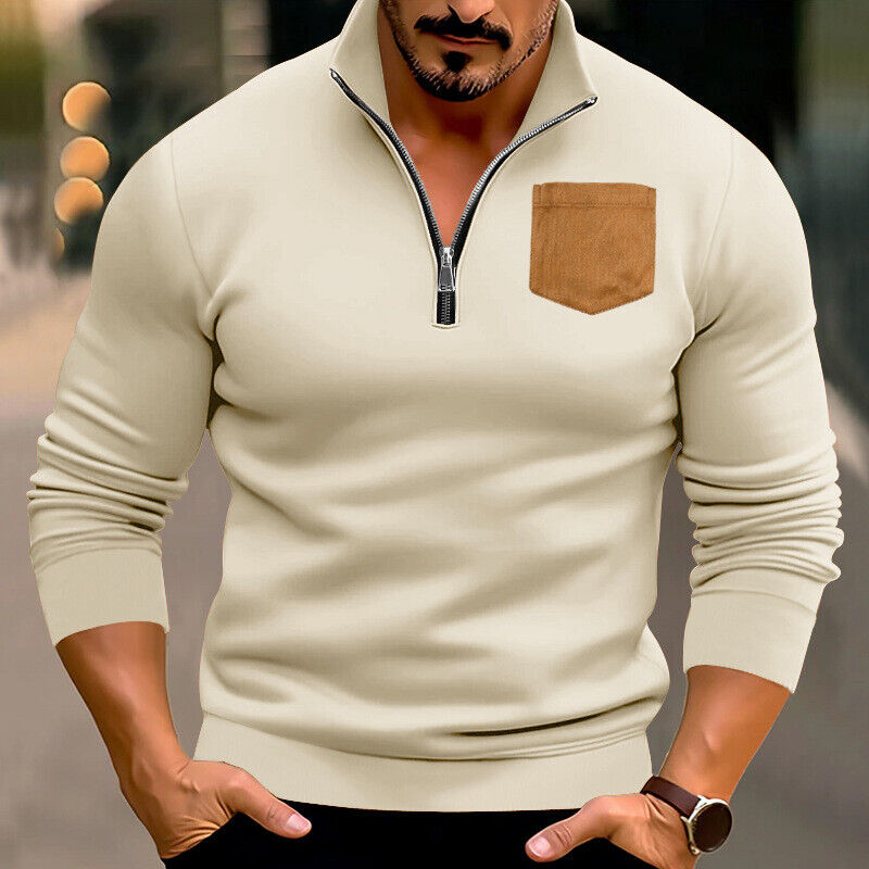 Men's Half Zip Stand Collar New Casual Shirt Pocket Thick Hoodie