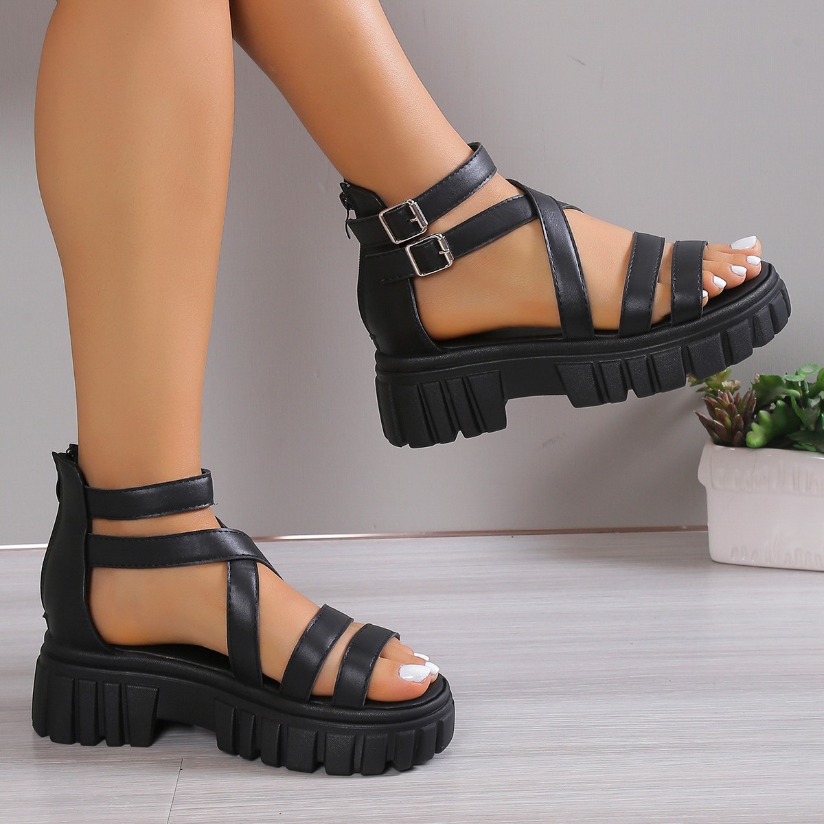 Mujeres Correa Cruzada Bloque Plataforma Zapatilla Gruesa Sandalias Zapatos Creepers Informales - Imagen 1 de 7
