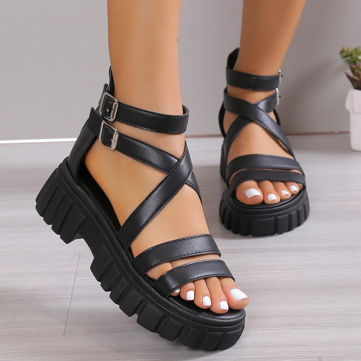 Mujeres Correa Cruzada Bloque Plataforma Zapatilla Gruesa Sandalias Zapatos Creepers Informales - Imagen 2 de 7