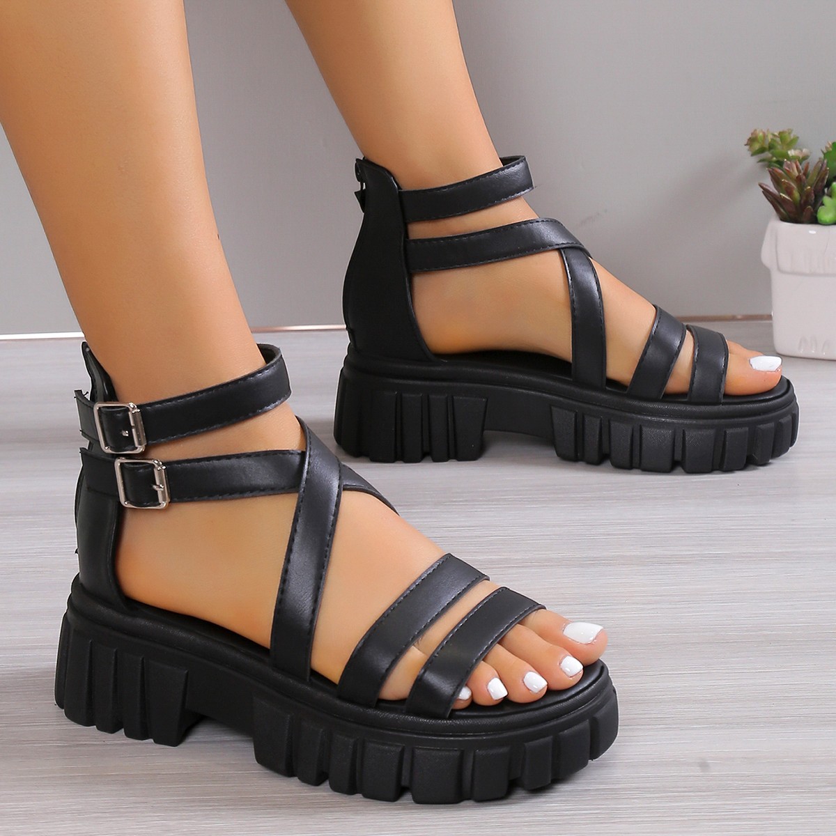 Mujeres Correa Cruzada Bloque Plataforma Zapatilla Gruesa Sandalias Zapatos Creepers Informales - Imagen 3 de 7