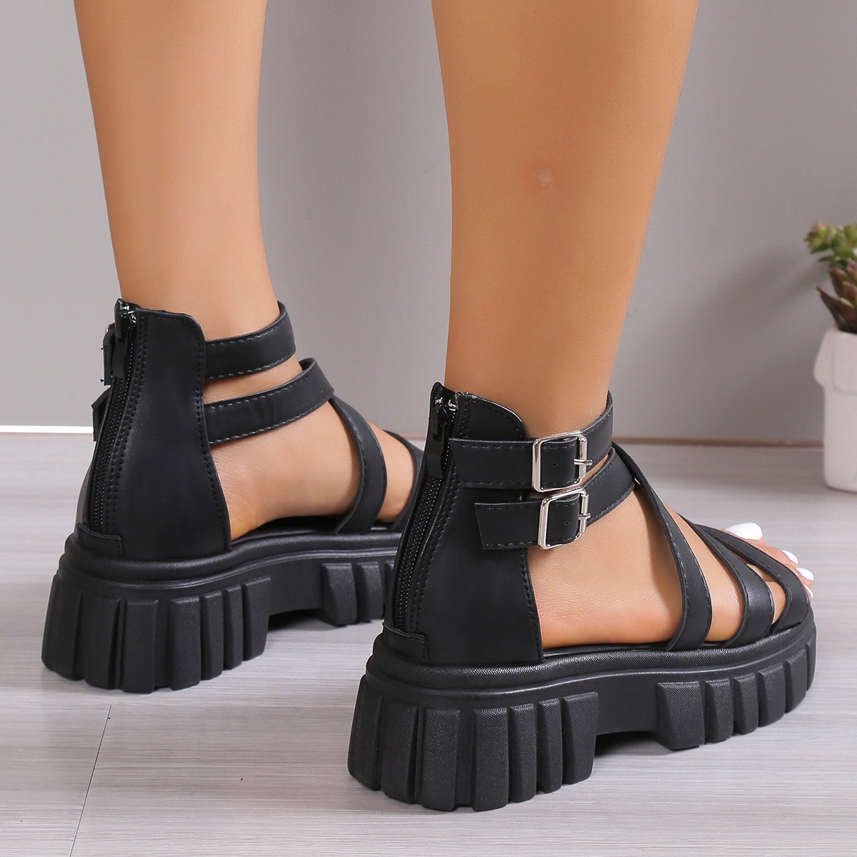 Mujeres Correa Cruzada Bloque Plataforma Zapatilla Gruesa Sandalias Zapatos Creepers Informales - Imagen 7 de 7