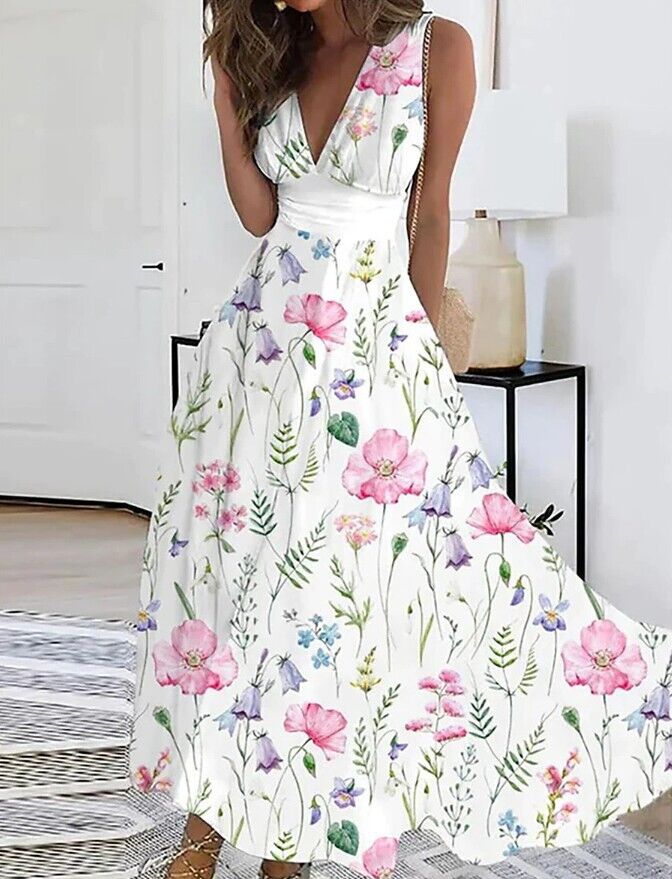 Ladies' Summer Beach Bohemian Dress Party Holiday V-neck Long Dress Plus Size - Picture 13 of 16