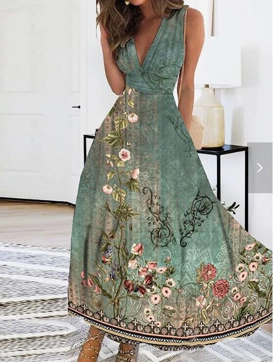 Ladies' Summer Beach Bohemian Dress Party Holiday V-neck Long Dress Plus Size - Picture 16 of 16
