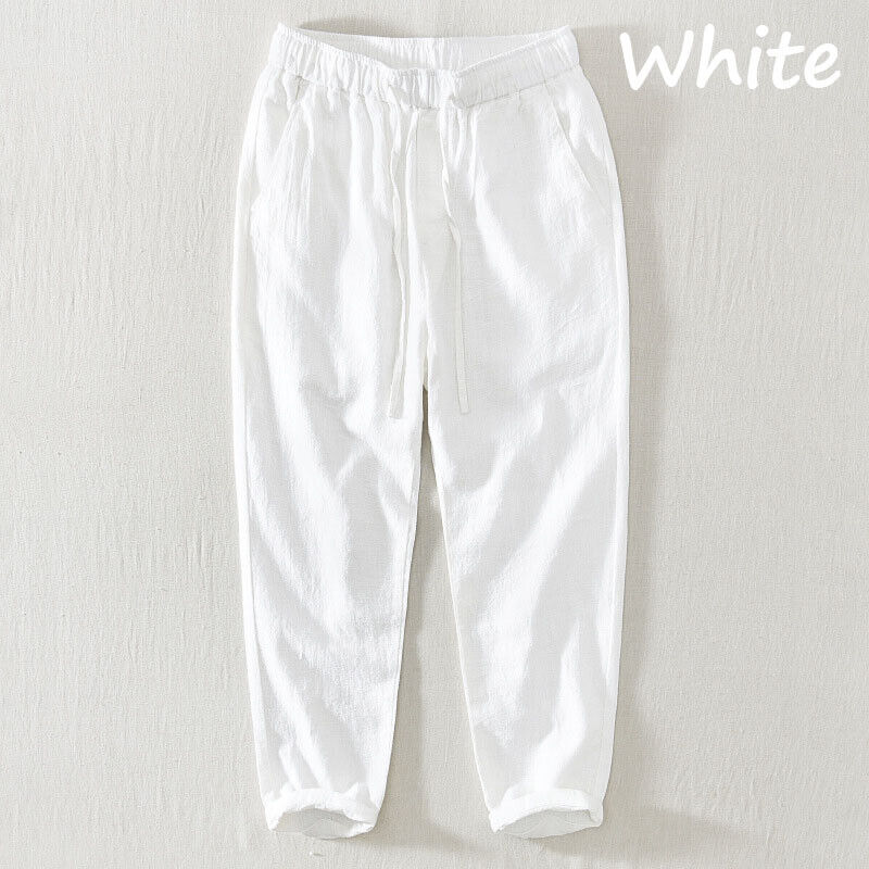 Men Cotton Linen Blend Pants Loose Cropped Casual Trousers Elastic Waist Bottoms - Picture 18 of 22