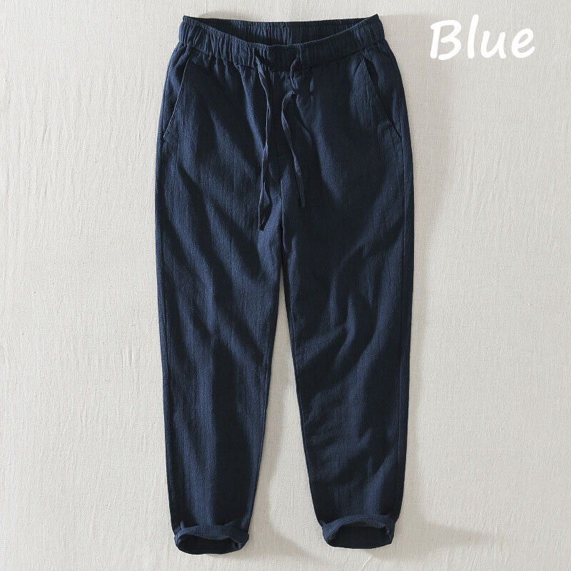 Men Cotton Linen Blend Pants Loose Cropped Casual Trousers Elastic Waist Bottoms - Picture 20 of 22