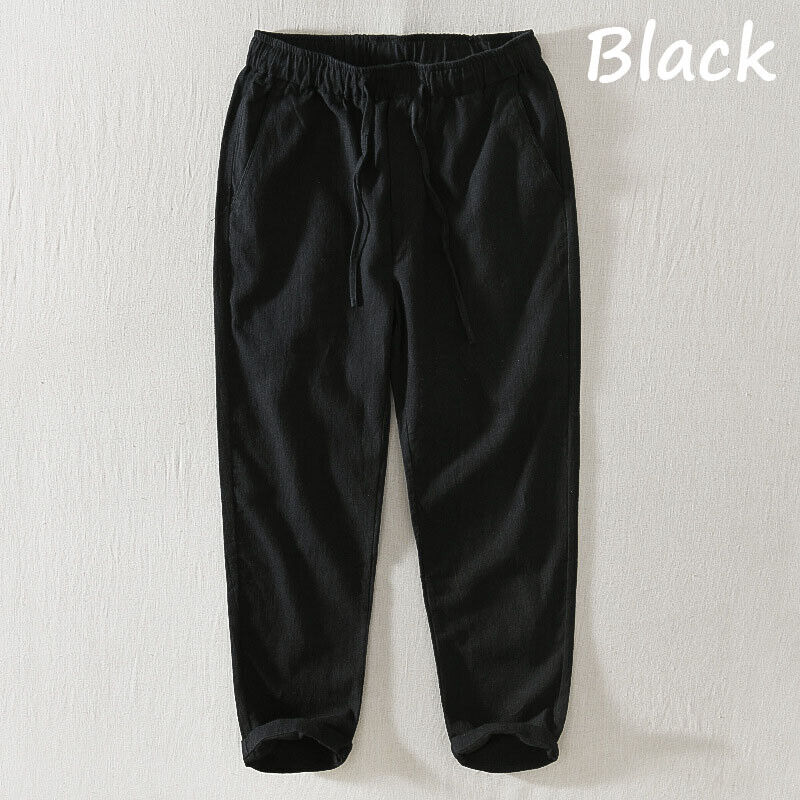 Men Cotton Linen Blend Pants Loose Cropped Casual Trousers Elastic Waist Bottoms - Picture 17 of 22