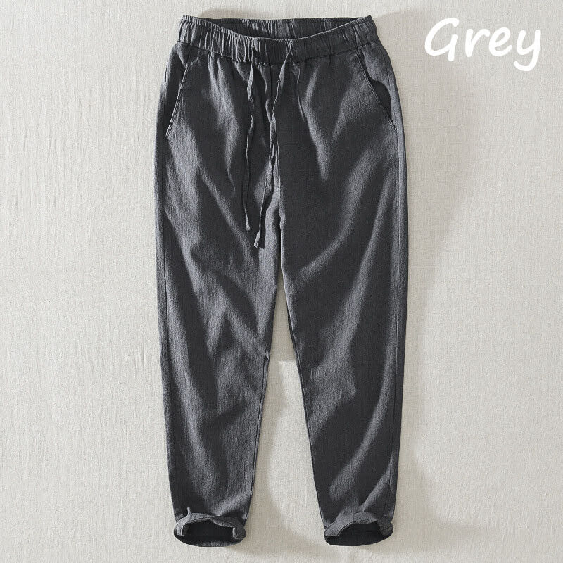 Men Cotton Linen Blend Pants Loose Cropped Casual Trousers Elastic Waist Bottoms - Picture 19 of 22