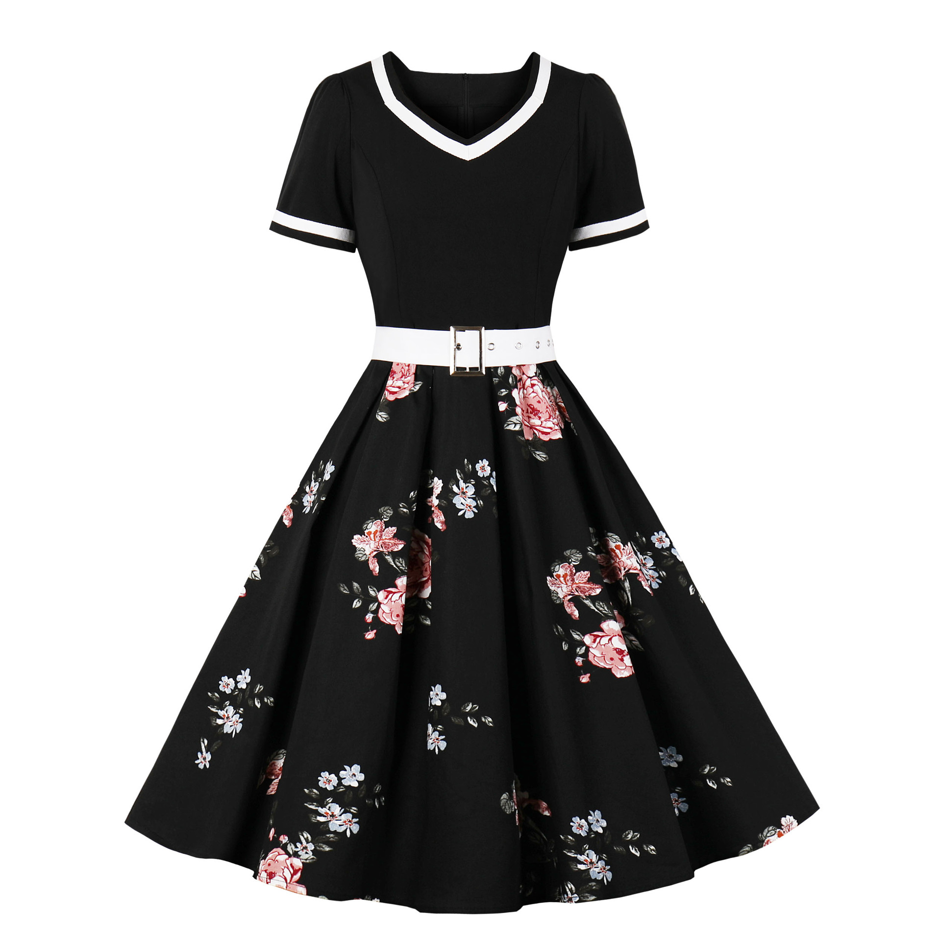 Abito Ponchy Retro 50S 60S Donna Vintage Girocollo Manica Corta A-Line - Foto 18 di 20