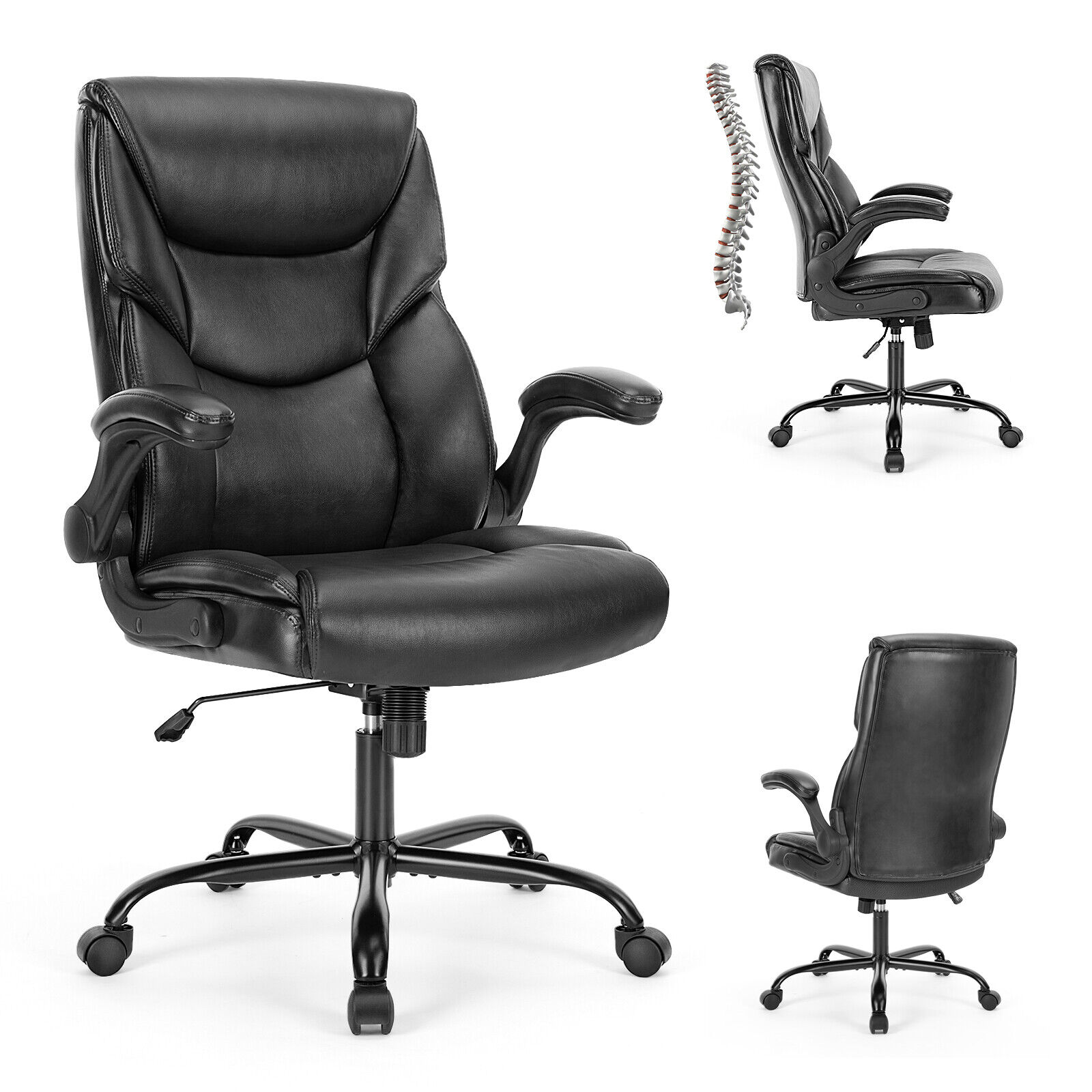 Executive Office PU Leather Chair High Back Flip-Up Armrest Adjustable Ergonomic