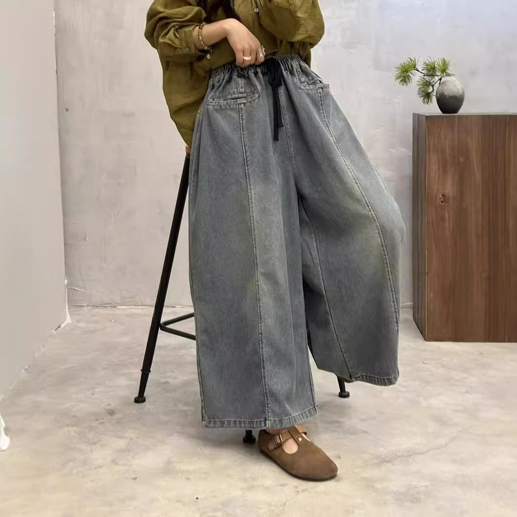 Women Ethnic Style Elastic Waist Loose Wide Leg Denim Harem Pants Casual Trouser - Picture 15 of 15