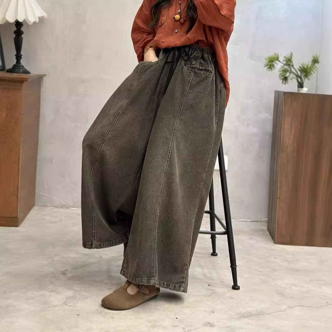 Women Ethnic Style Elastic Waist Loose Wide Leg Denim Harem Pants Casual Trouser - Picture 14 of 15