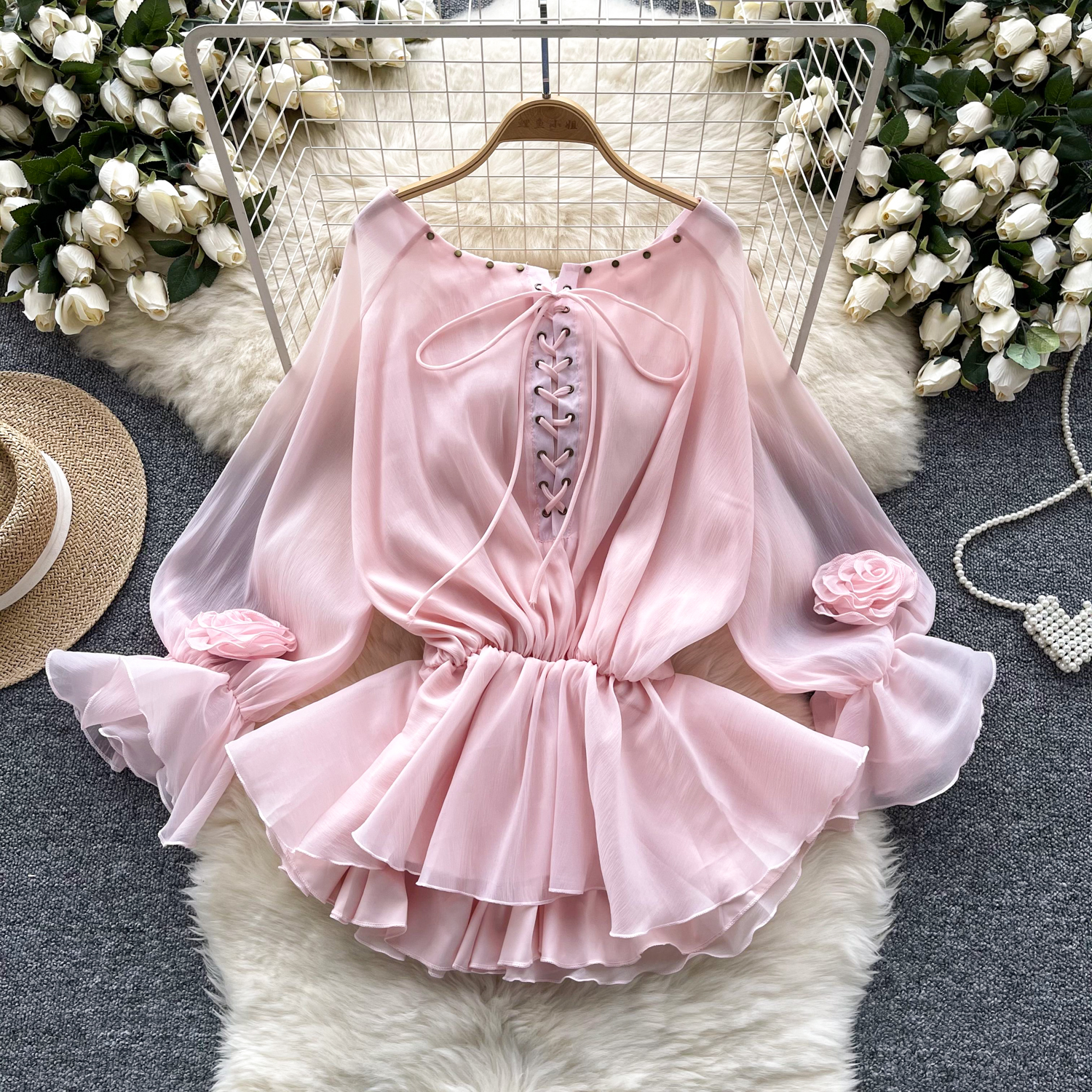 Camisa para mujeres sin hombros mangas largas acampanadas ajustada con volantes de gasa Prendas para el torso de moda - Imagen 25 de 30