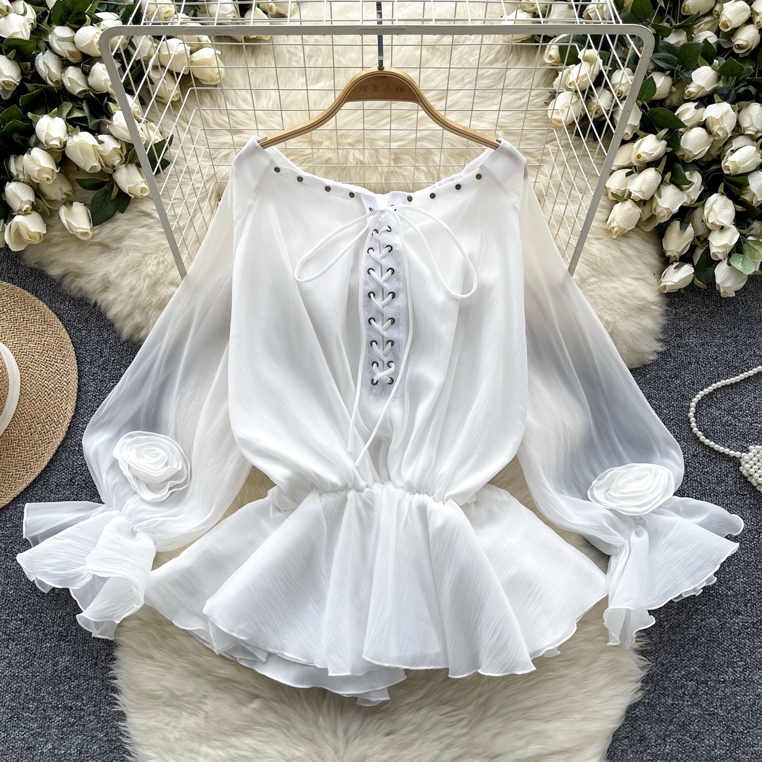 Camisa para mujeres sin hombros mangas largas acampanadas ajustada con volantes de gasa Prendas para el torso de moda - Imagen 27 de 30