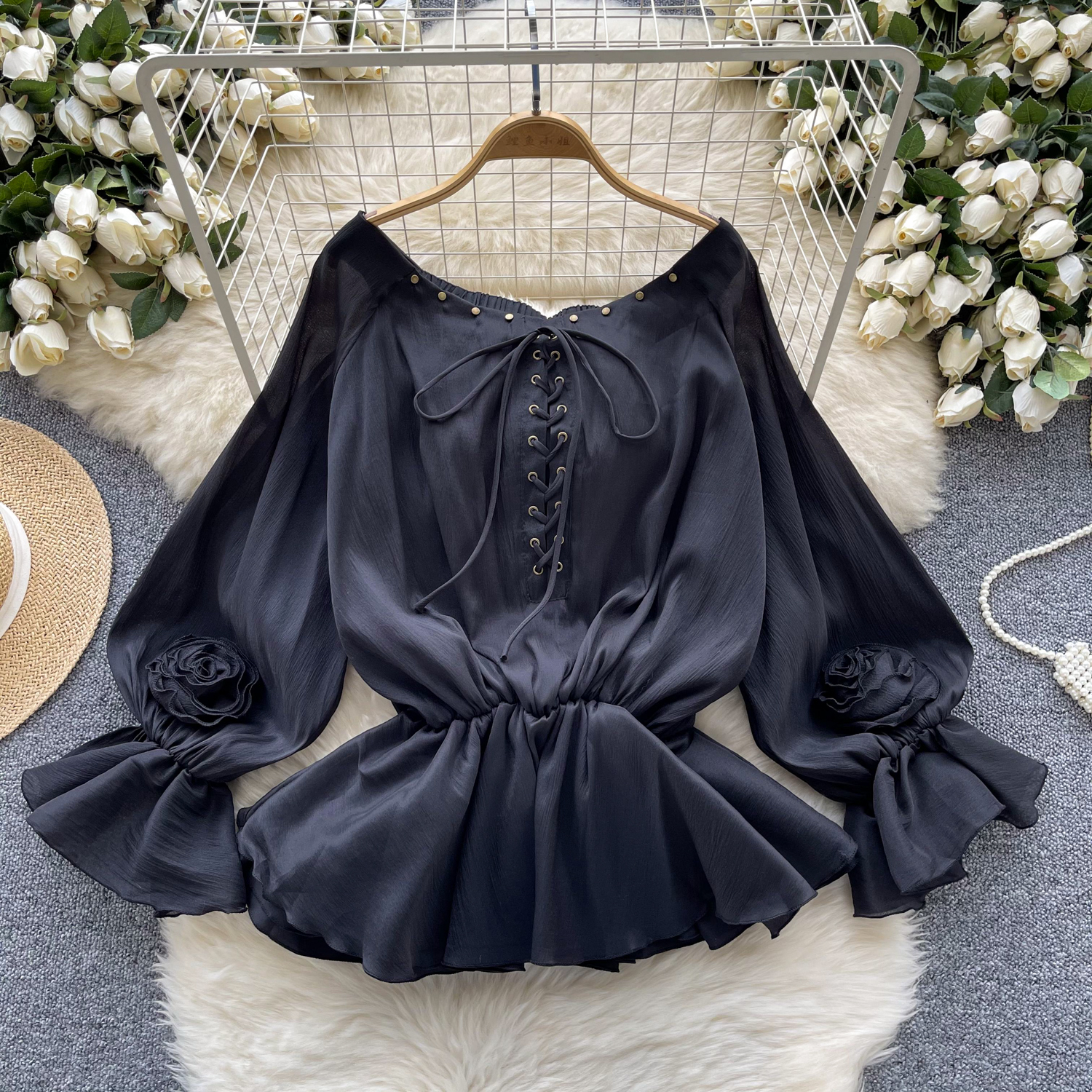 Camisa para mujeres sin hombros mangas largas acampanadas ajustada con volantes de gasa Prendas para el torso de moda - Imagen 28 de 30