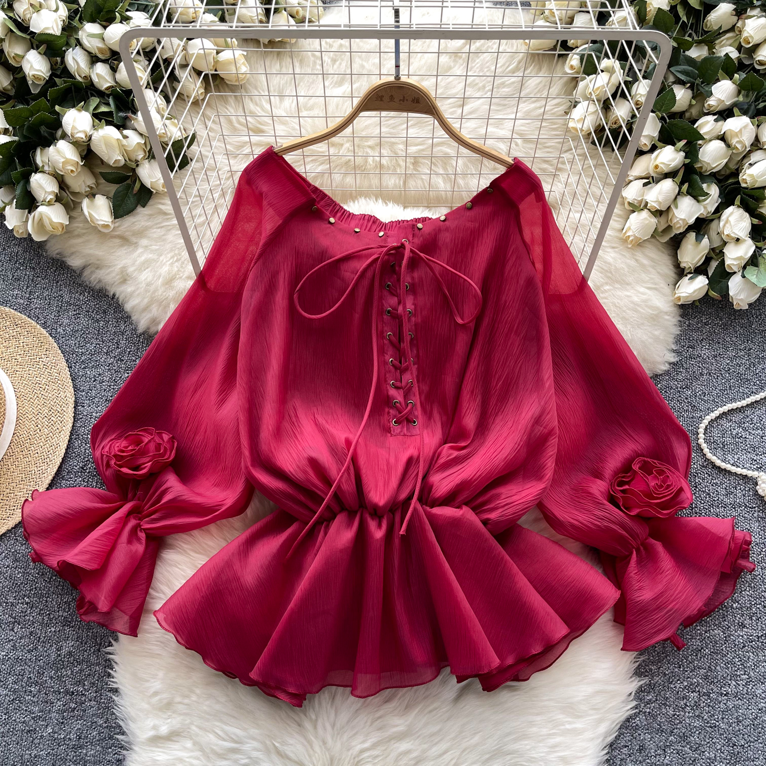 Camisa para mujeres sin hombros mangas largas acampanadas ajustada con volantes de gasa Prendas para el torso de moda - Imagen 30 de 30