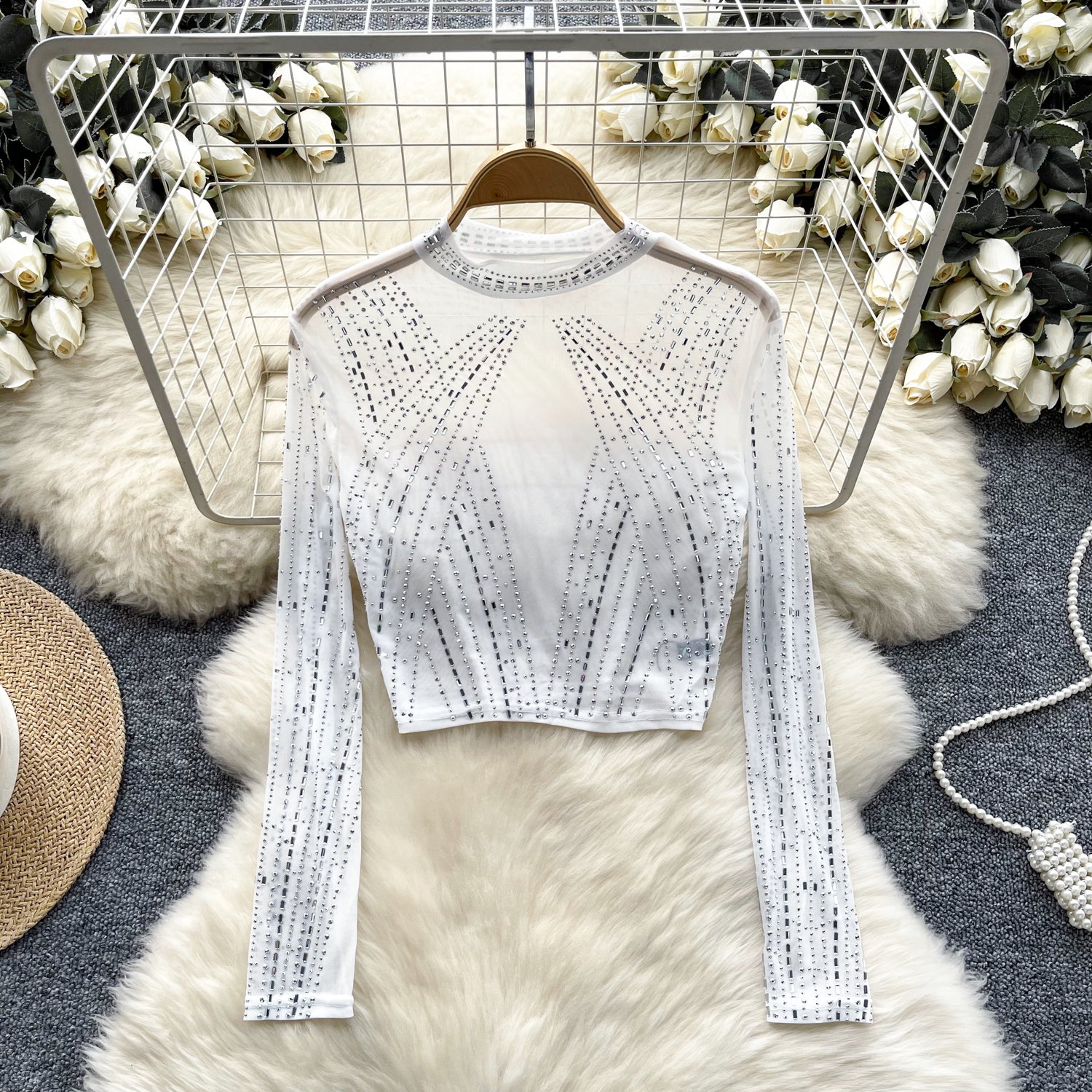 Mujeres Sexy Estrás Medio Cuello Alto Mangas Largas Malla Camiseta Prendas para el torso Recortadas - Imagen 24 de 26