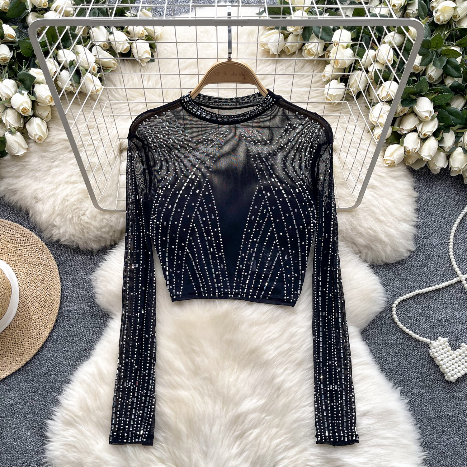 Mujeres Sexy Estrás Medio Cuello Alto Mangas Largas Malla Camiseta Prendas para el torso Recortadas - Imagen 25 de 26